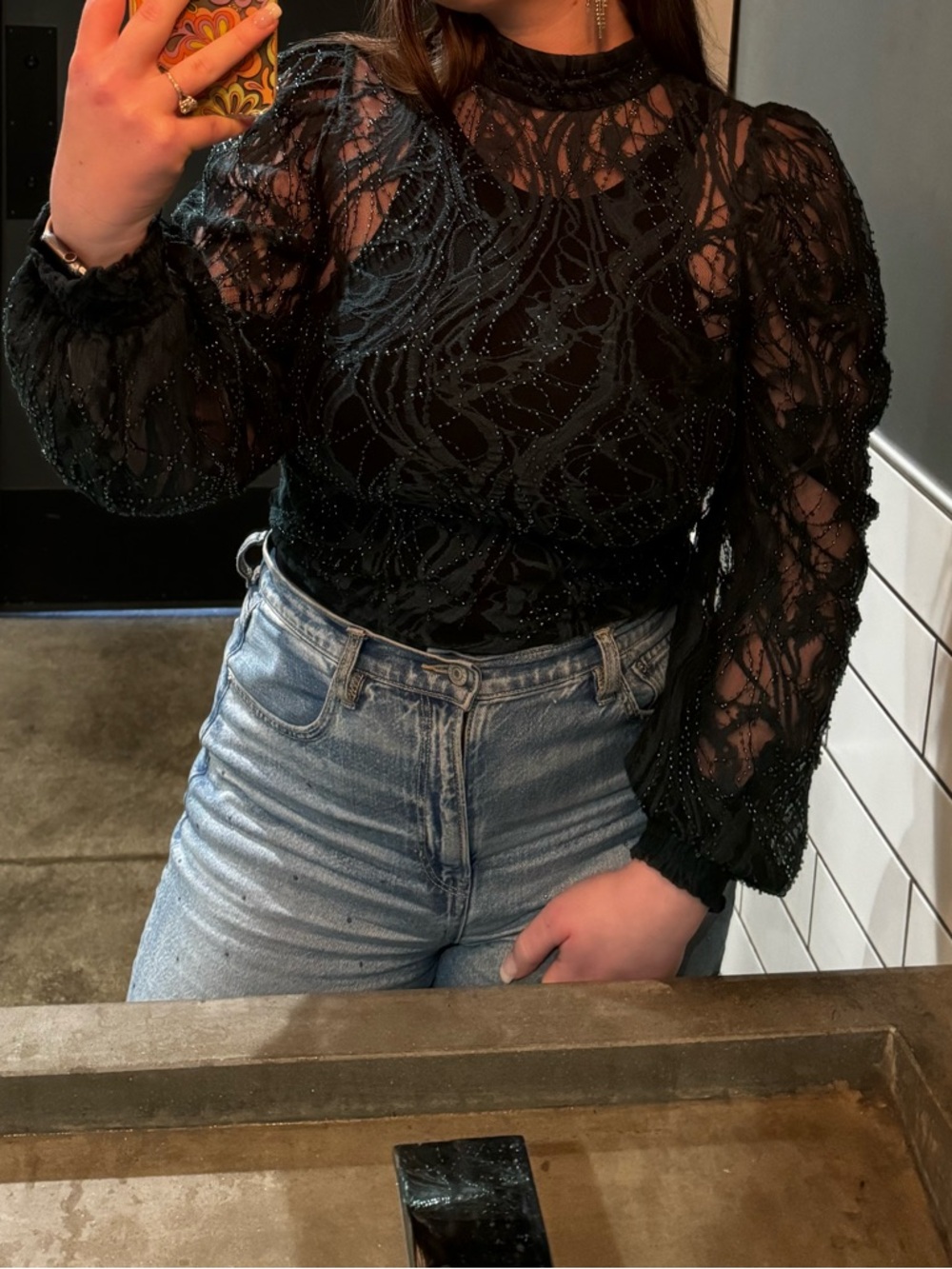 Buckle Dark Green Lace Beaded Long Sleeve Blouse - Picture 2 of 7